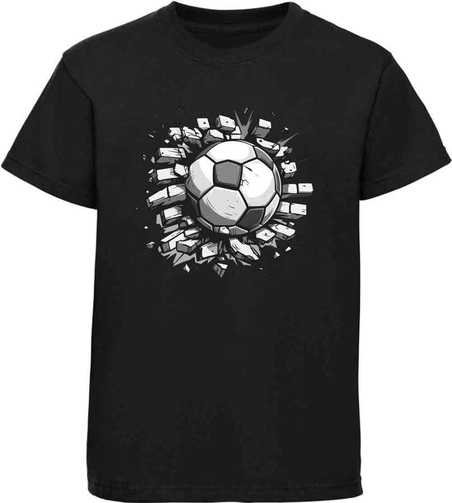 Bedrucktes Kinder Fussball T-Shirt Ball der in Wand steckt